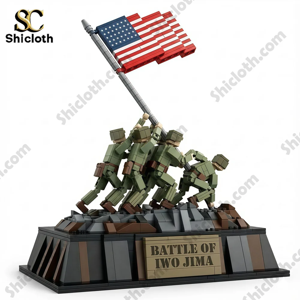 Battle of Iwo Jima Collector Brick Set 3 A brick model of soldiers raising a United States flag on a base labeled Battle of Iwo Jima!
