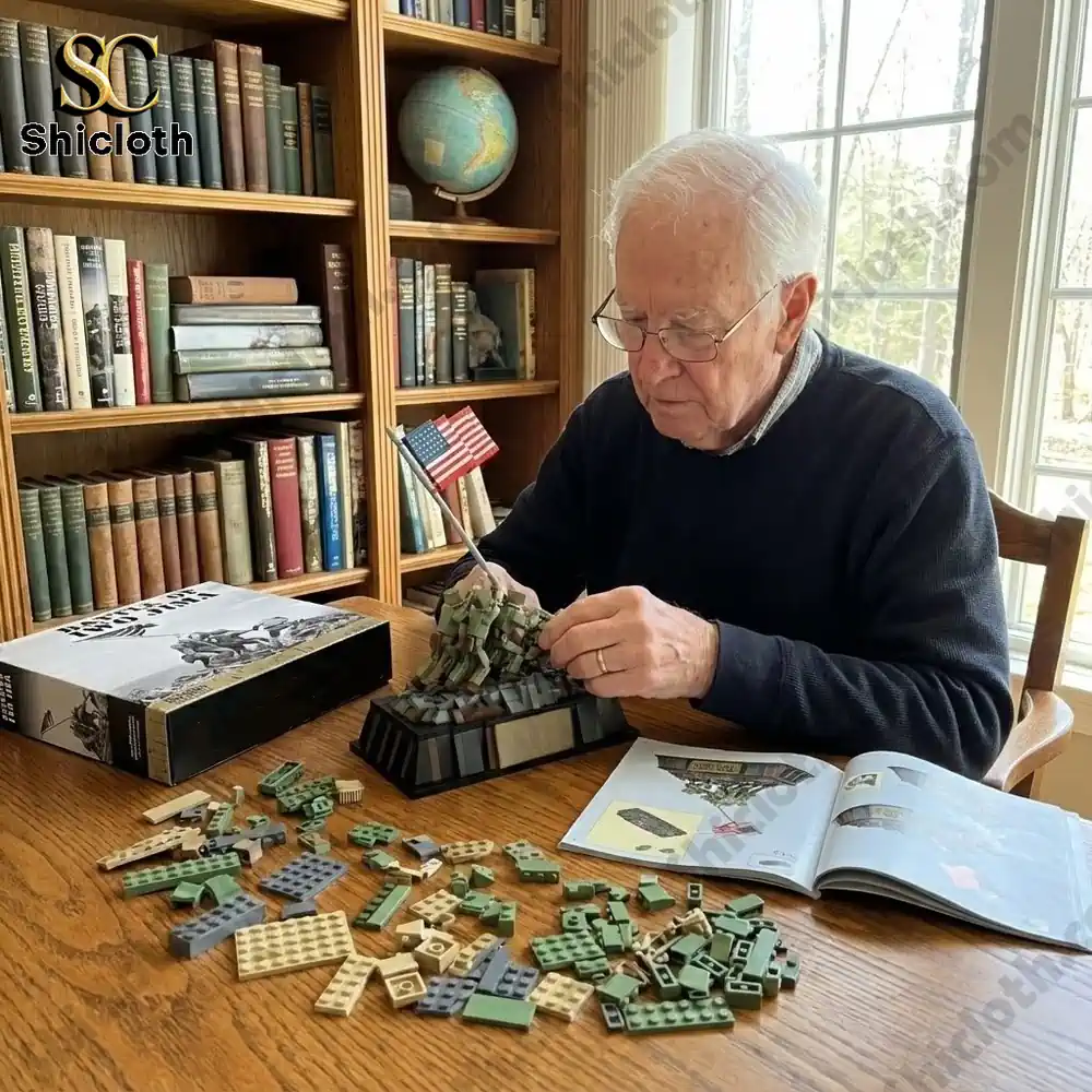 Battle of Iwo Jima Collector Brick Set 4 An elderly man assembles a Battle of Iwo Jima brick model with pieces spread on a table!