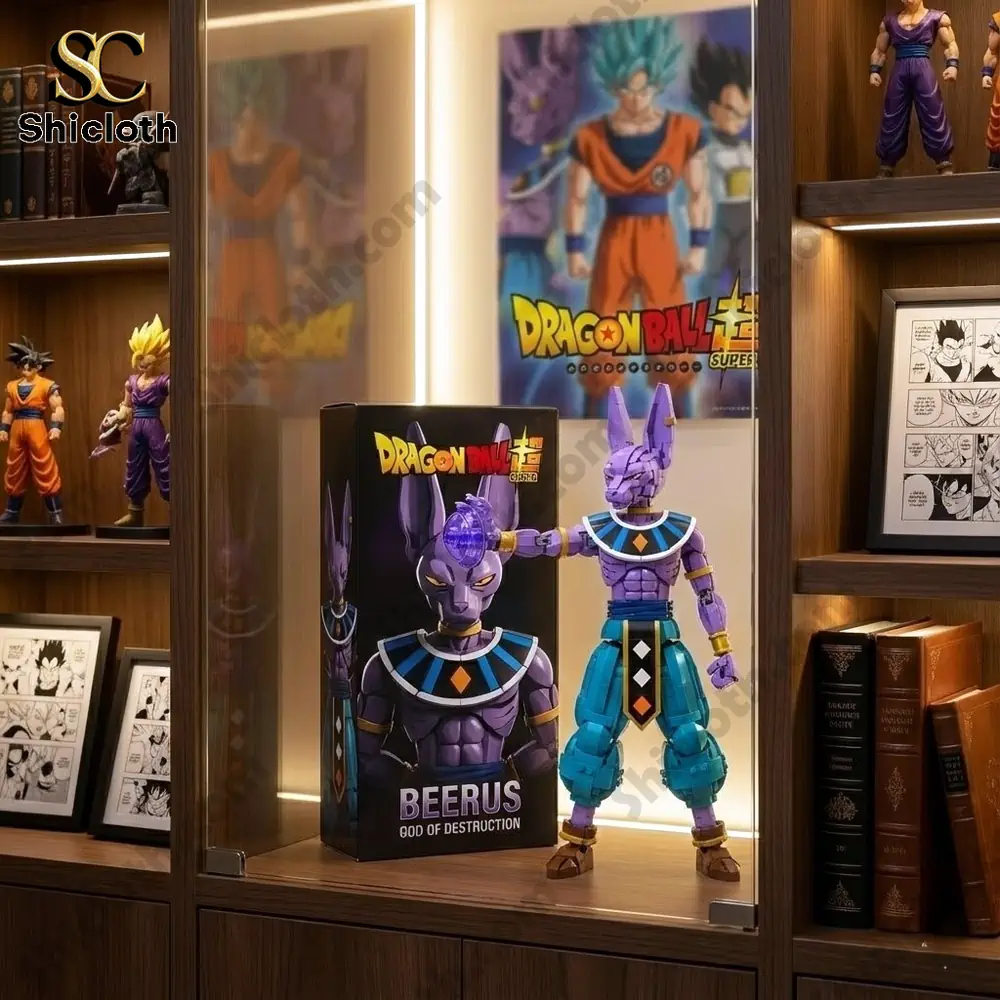 Beerus figure with box displayed on wooden shelf!