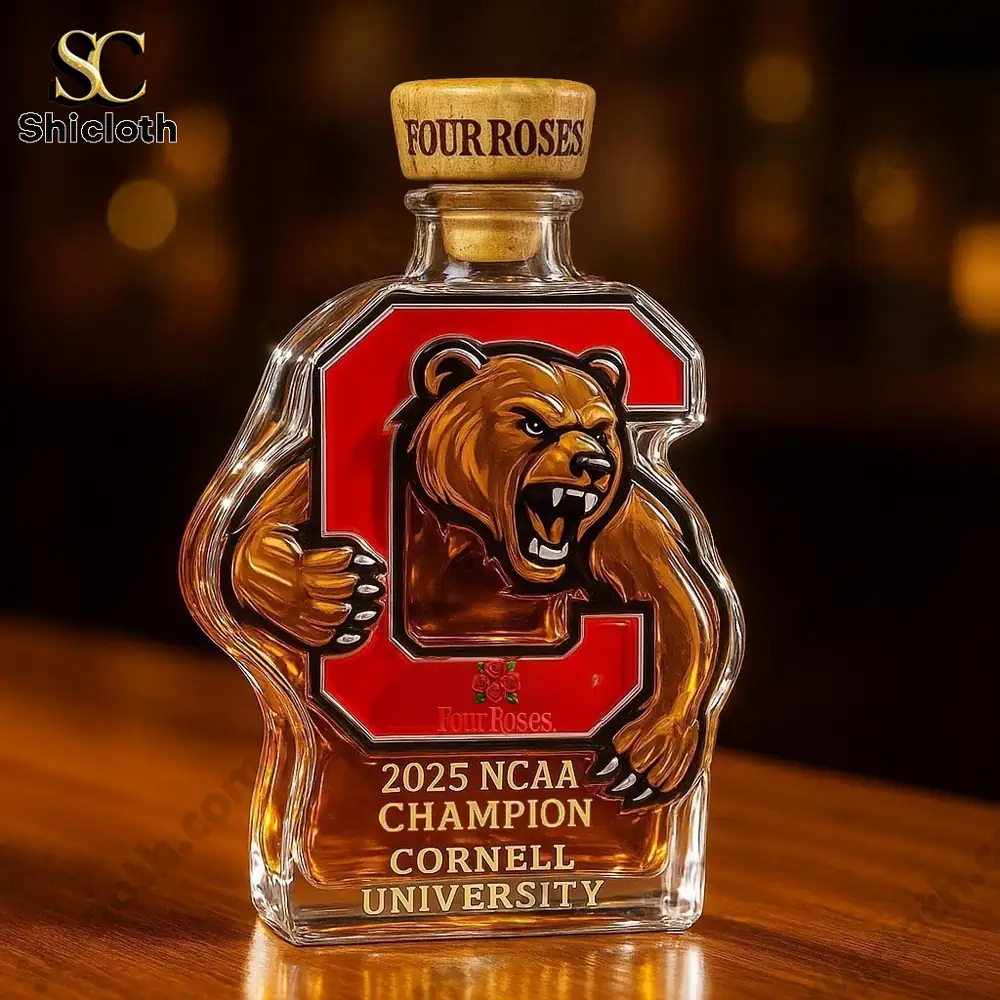 Cornell bear shaped bottle with Four Roses cap on a wooden surface!