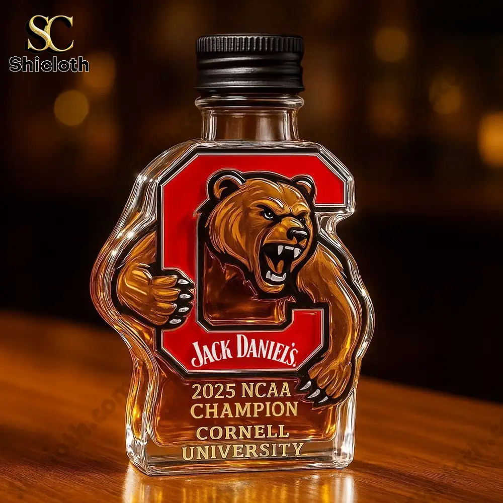 Big Red Bear Christmas Gift Whiskey Bottle 2025 NCAA National Champions 4 Cornell bear shaped bottle with dark Jack Daniels style cap!