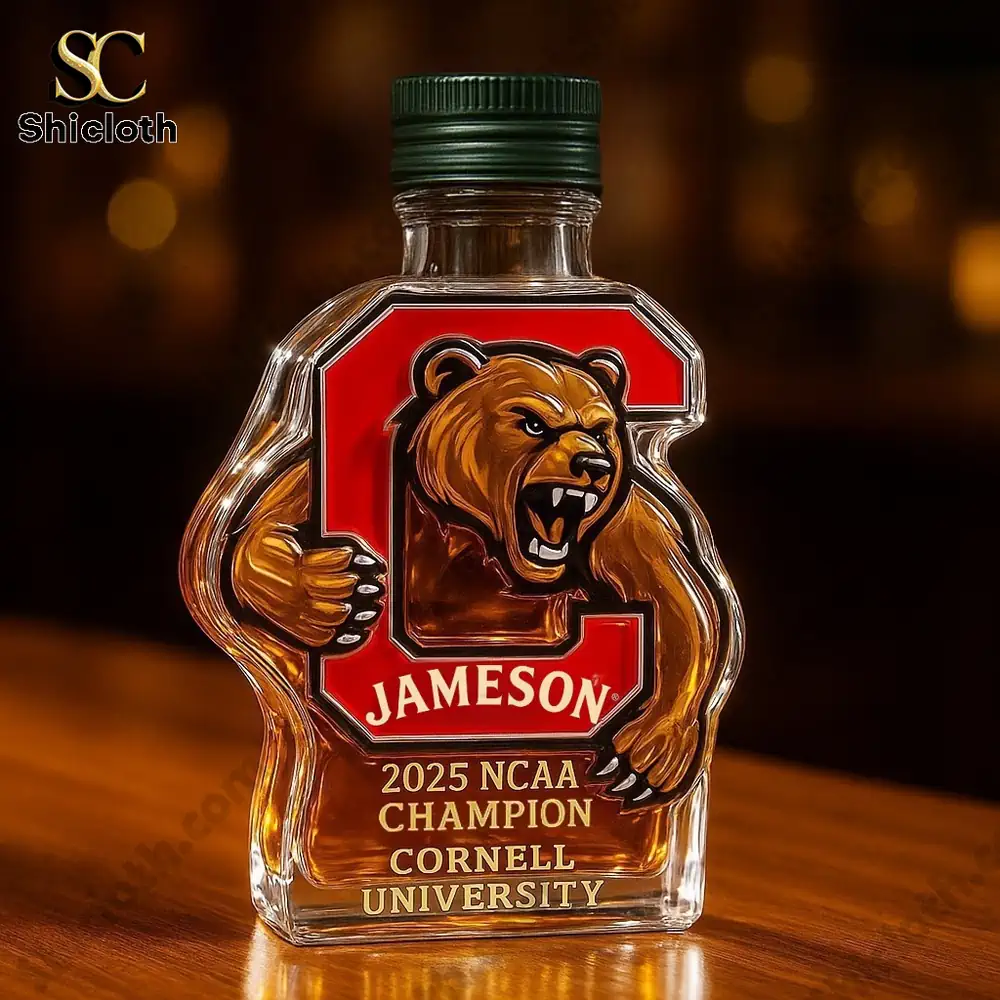 Big Red Bear Christmas Gift Whiskey Bottle 2025 NCAA National Champions 6 Cornell bear shaped bottle with green Jameson style cap!