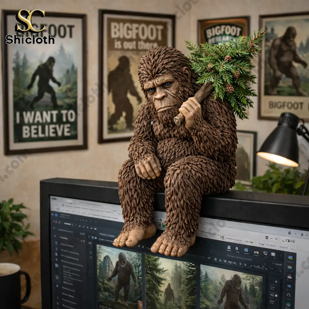Bigfoot Desk Companion 3D Resin Figurine 4 Bigfoot figurine sitting on a computer monitor in a themed office!