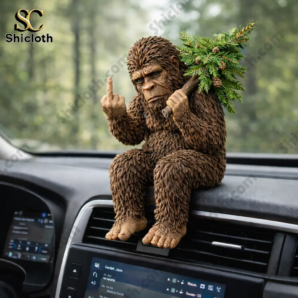 Bigfoot Desk Companion 3D Resin Figurine 5 Bigfoot figurine on car dashboard making a humorous gesture with pine branch!