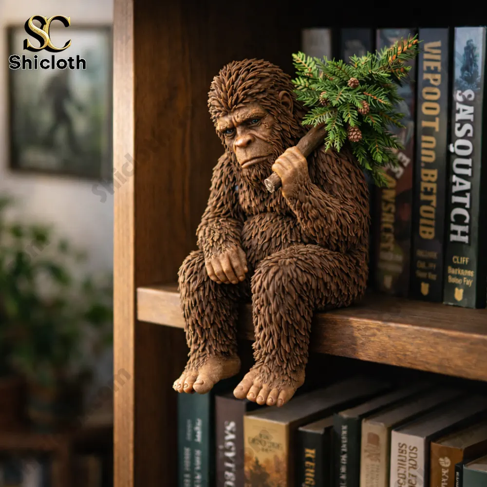 Bigfoot Desk Companion 3D Resin Figurine 6 Bigfoot figurine sitting on a wooden bookshelf holding a pine branch!