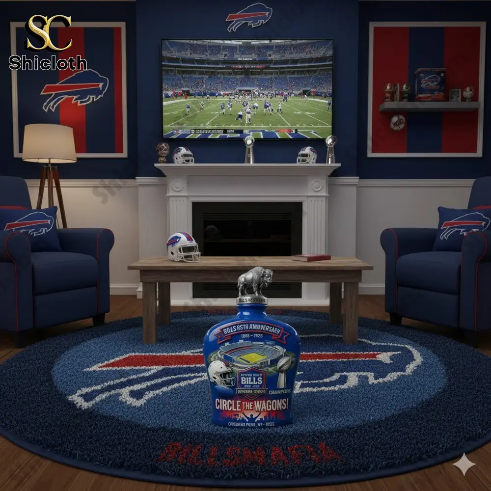 Bills 65th Anniversary Circle The Wagons whiskey bottle displayed in a fan's living room with Buffalo Bills decor.