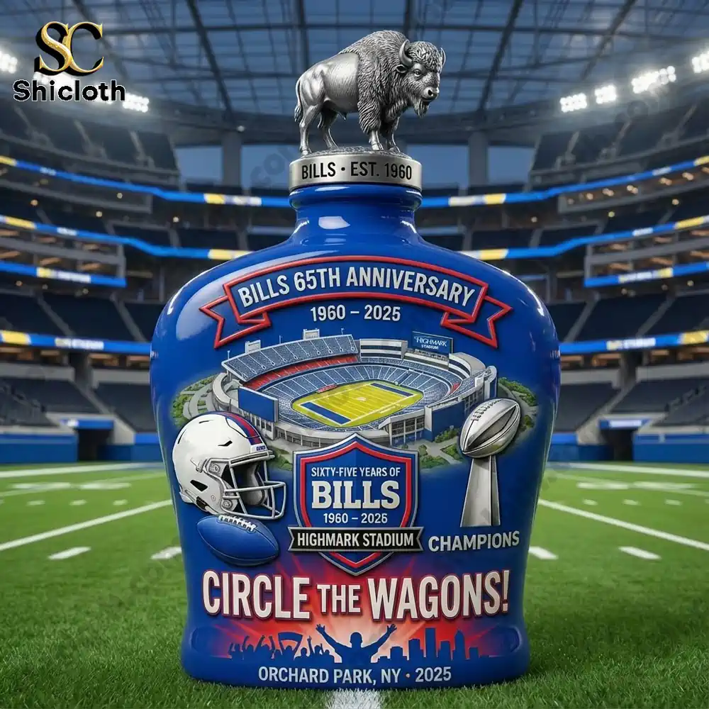Close-up of the Bills 65th Anniversary Circle The Wagons whiskey bottle with Highmark Stadium illustration.