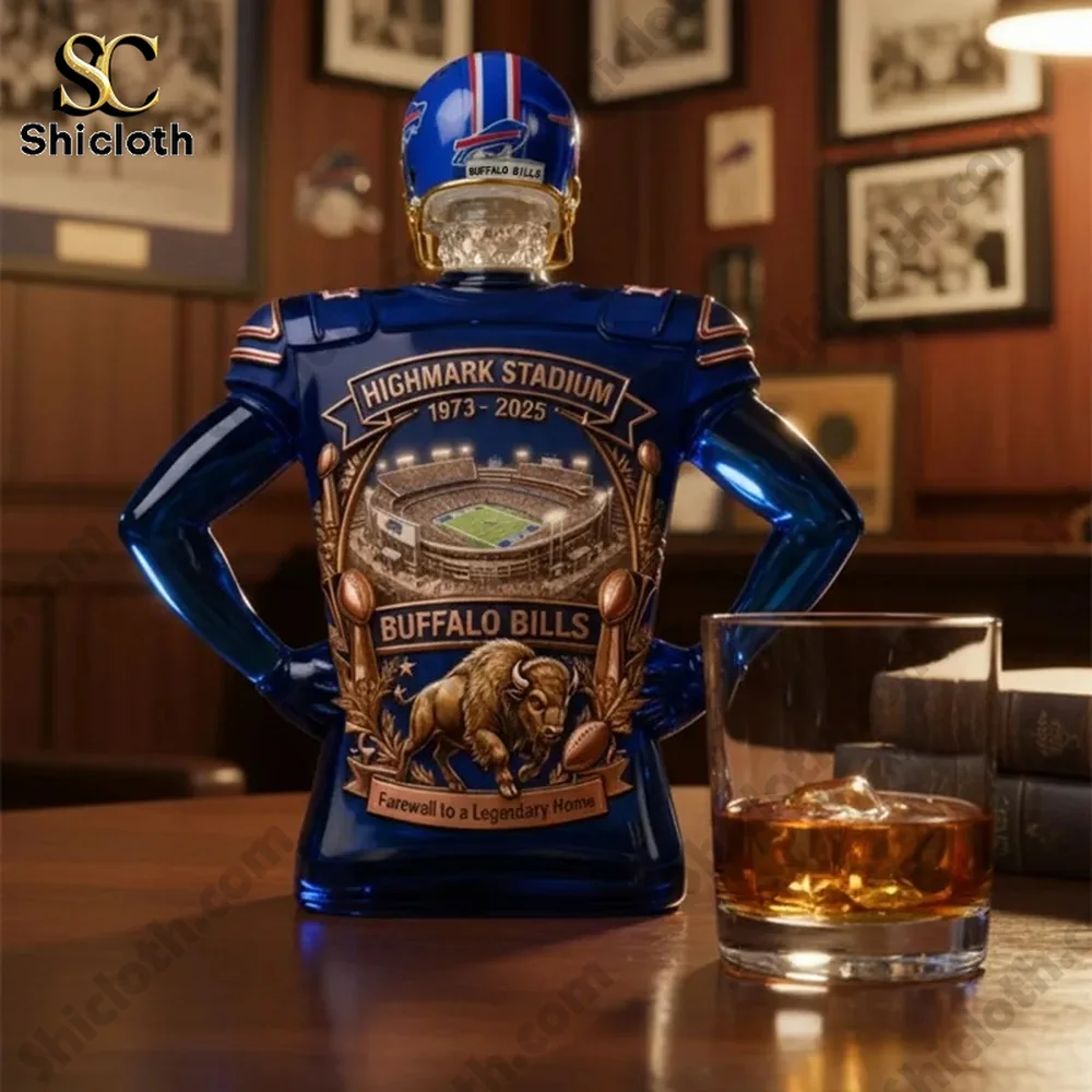 Bills Highmark Stadium Farewell Commemorative Edition Whiskey Bottle 3 Buffalo Bills tribute figure on bar table!