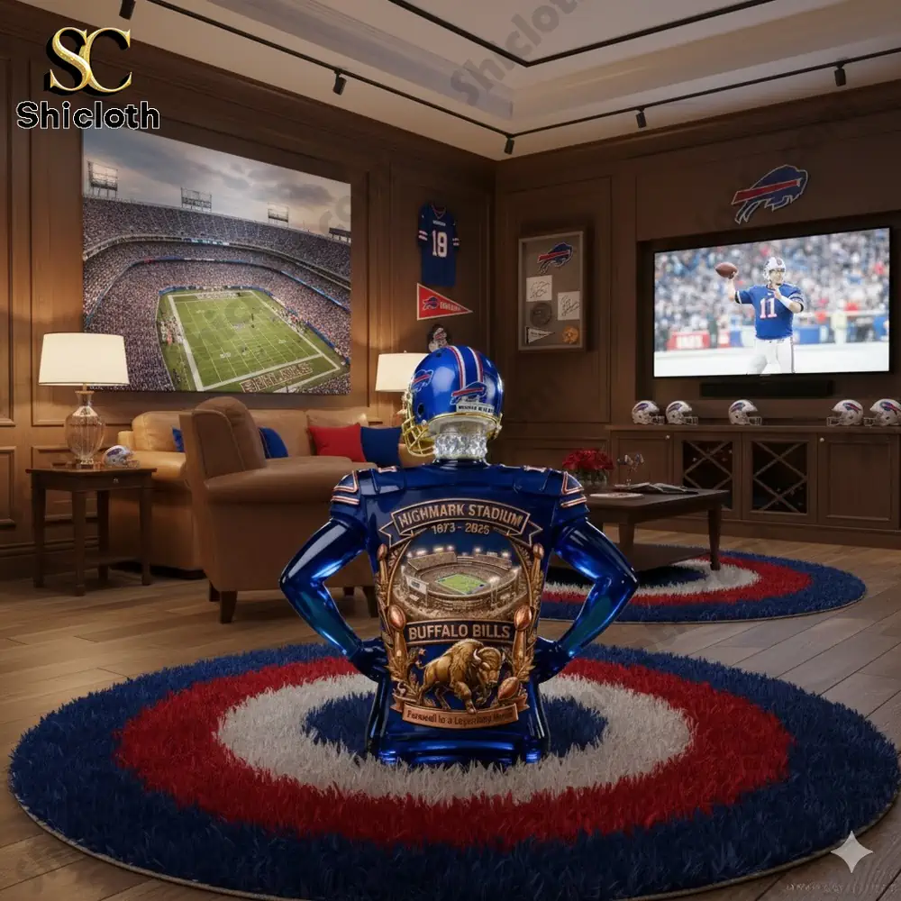 Bills Highmark Stadium Farewell Commemorative Edition Whiskey Bottle 4 Buffalo Bills tribute figure in fan living room!