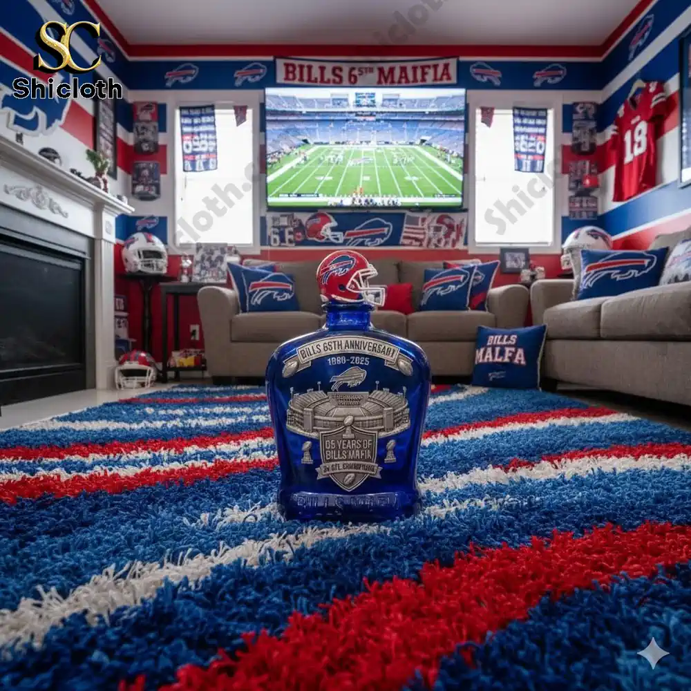 Bills 65th Anniversary Circle The Wagons whiskey bottle displayed in a fan's room decorated with Buffalo Bills memorabilia.