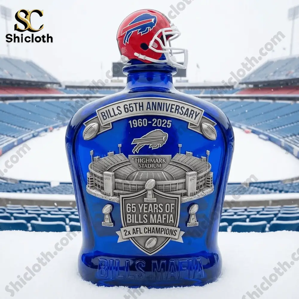 Close-up of the Bills 65th Anniversary Circle The Wagons whiskey bottle with Highmark Stadium illustration and football helmet.