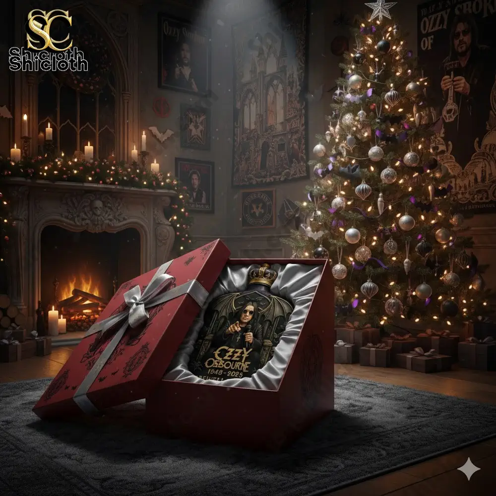 Gift box with decorative Ozzy Osbourne farewell edition bottle displayed in a holiday room with a tree and fireplace!