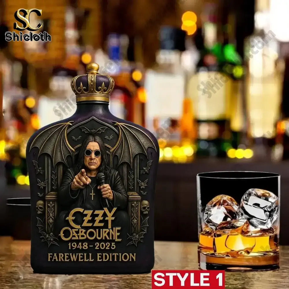 Black Sabbath Ozzy Osbourne Crown Royal Farewell Christmas Gift Whiskey Bottle 3 Ozzy Osbourne farewell edition bottle style one with crown top beside a whiskey glass!