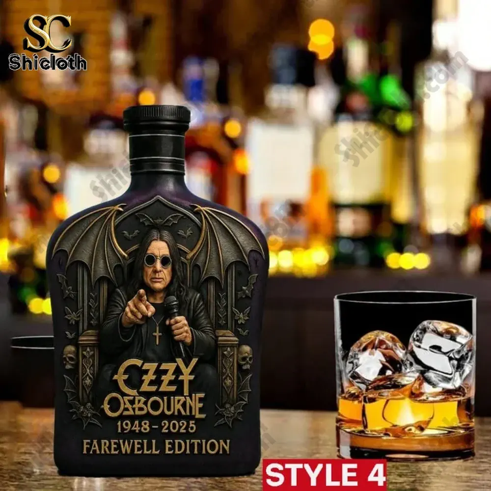 Black Sabbath Ozzy Osbourne Crown Royal Farewell Christmas Gift Whiskey Bottle 4 Ozzy Osbourne farewell edition bottle style four with simple top beside a whiskey glass!