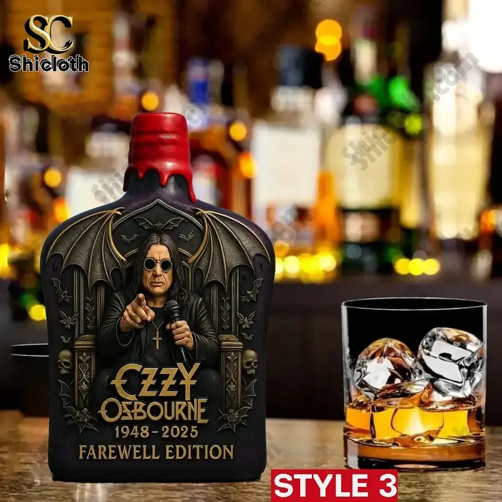 Black Sabbath Ozzy Osbourne Crown Royal Farewell Christmas Gift Whiskey Bottle 6 Ozzy Osbourne farewell edition bottle style three with red wax top beside a whiskey glass!