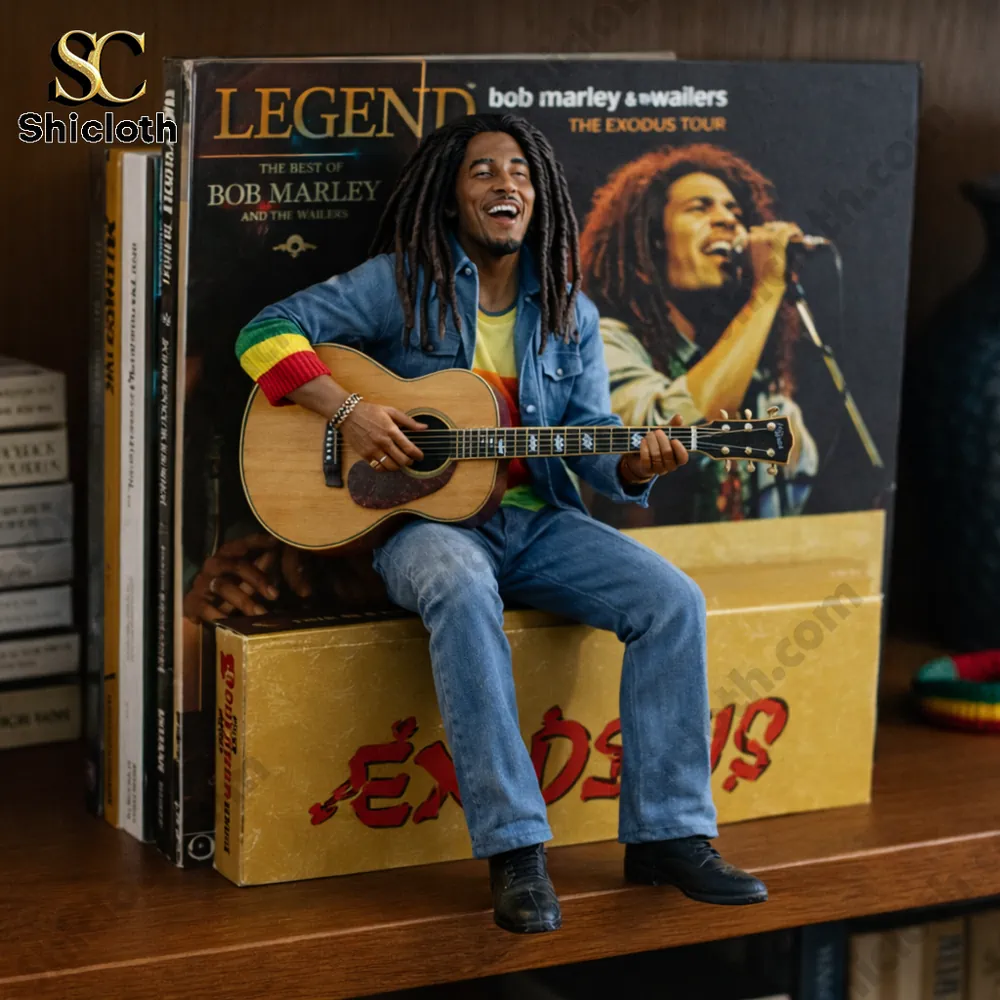 Mini reggae guitarist sitting in front of music records on a shelf!
