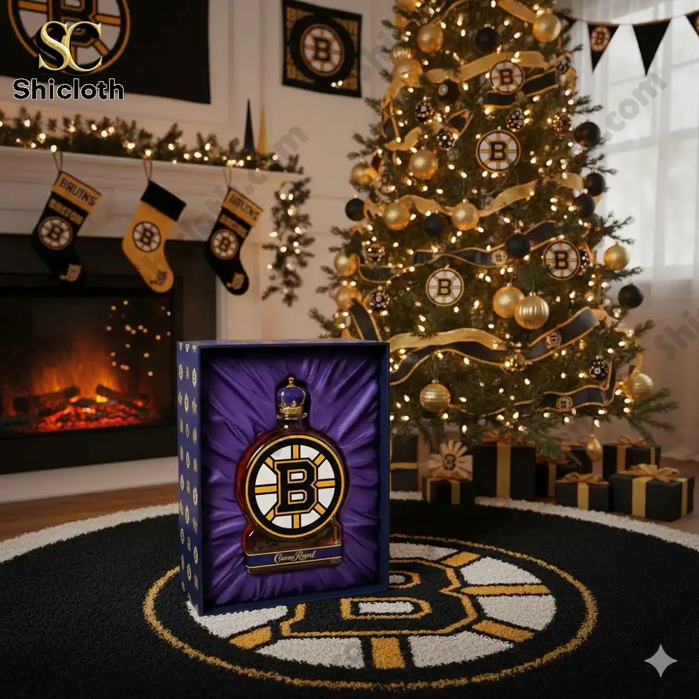 A holiday room with a decorated Christmas tree fireplace and a Boston Bruins themed whiskey bottle in a display box.