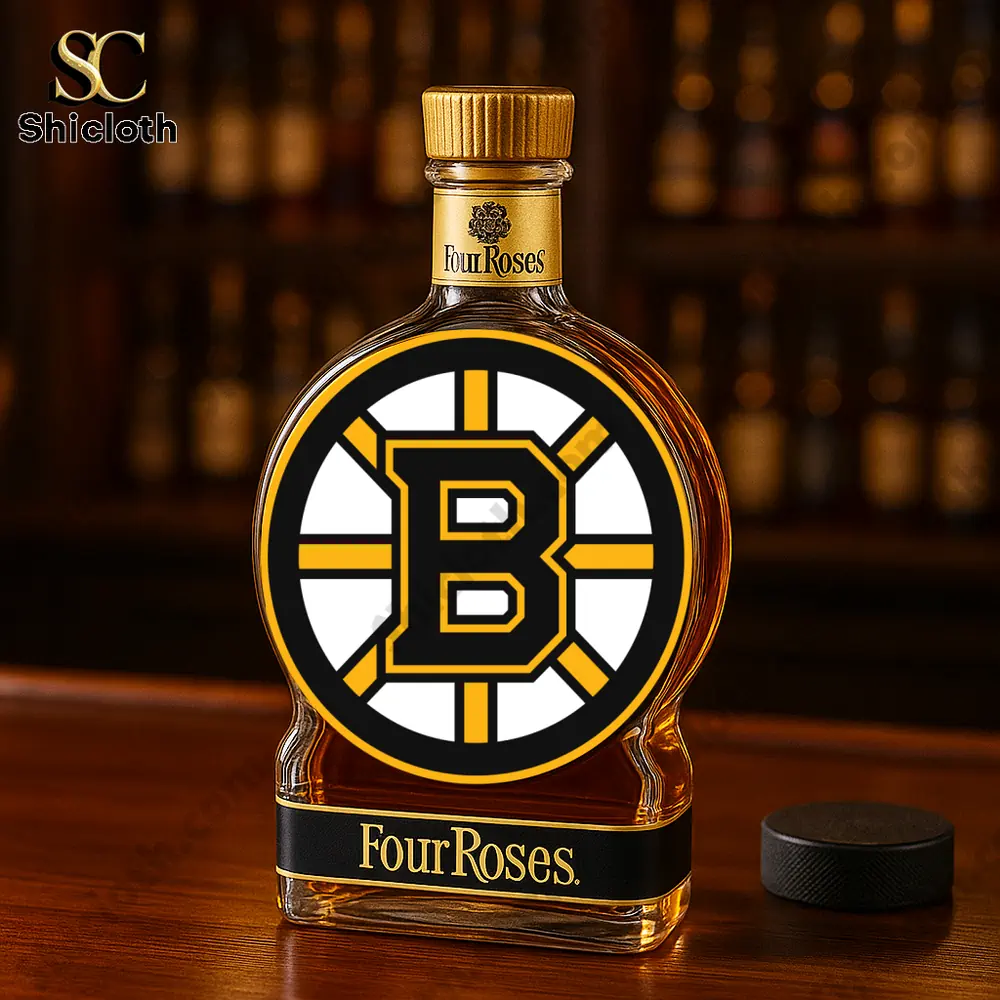 A Four Roses whiskey bottle featuring a large Boston Bruins logo on the front.