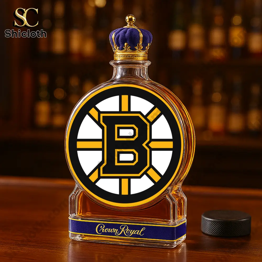 Boston Brown Bear Christmas Gift Whiskey Bottle 3 A Crown Royal bottle decorated with a prominent Boston Bruins logo.