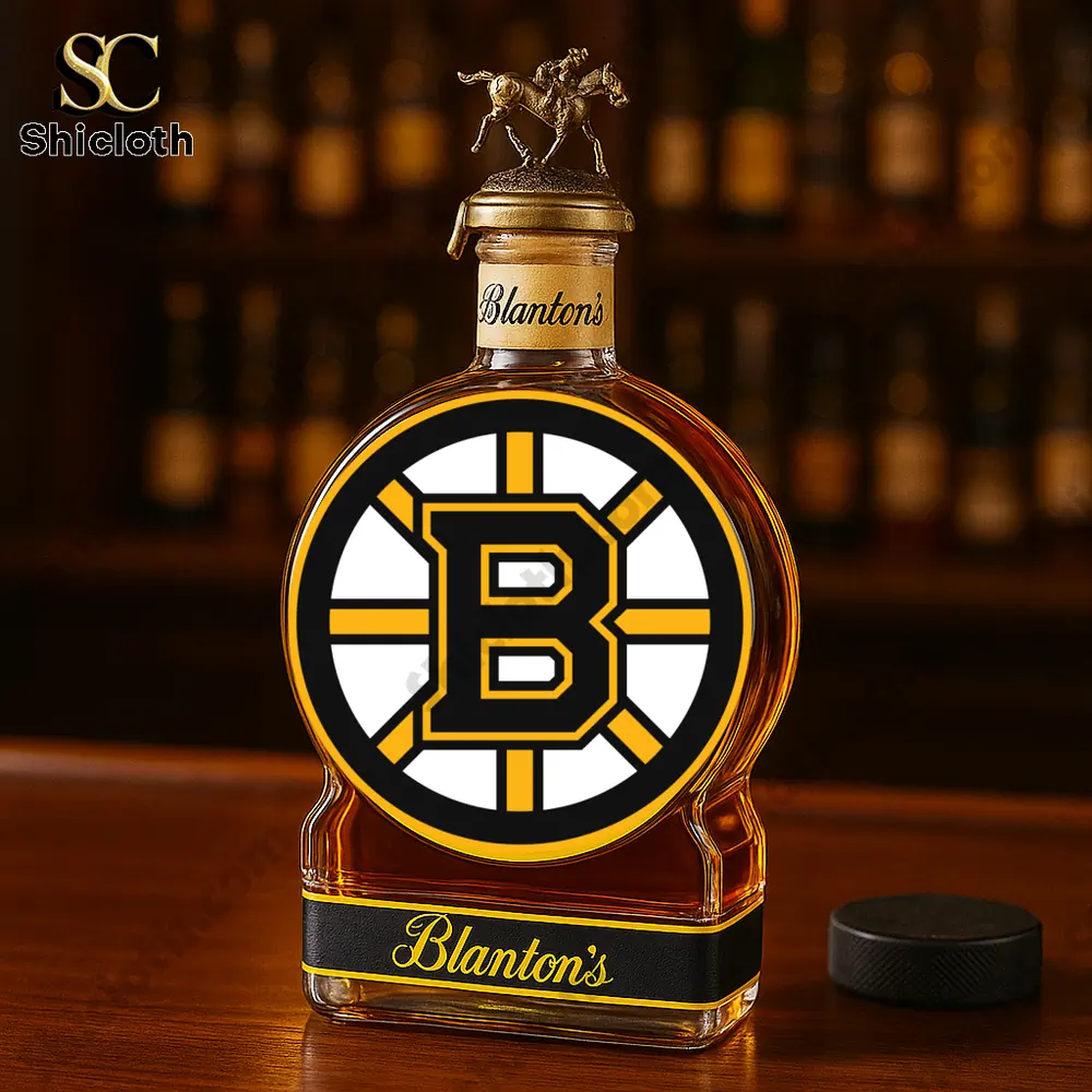 Boston Brown Bear Christmas Gift Whiskey Bottle 5 A Blantons whiskey bottle with a Boston Bruins logo on the front.