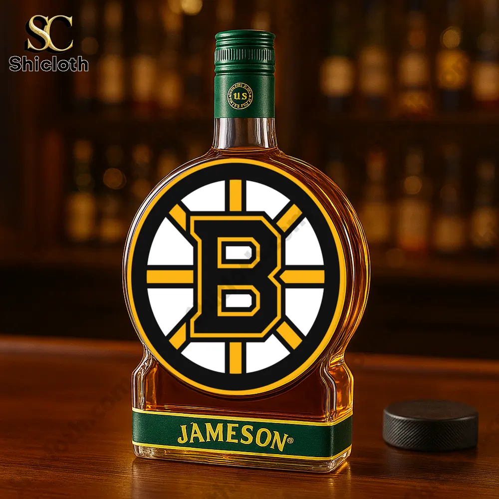 Boston Brown Bear Christmas Gift Whiskey Bottle 6 A Jameson bottle displaying a large Boston Bruins logo.