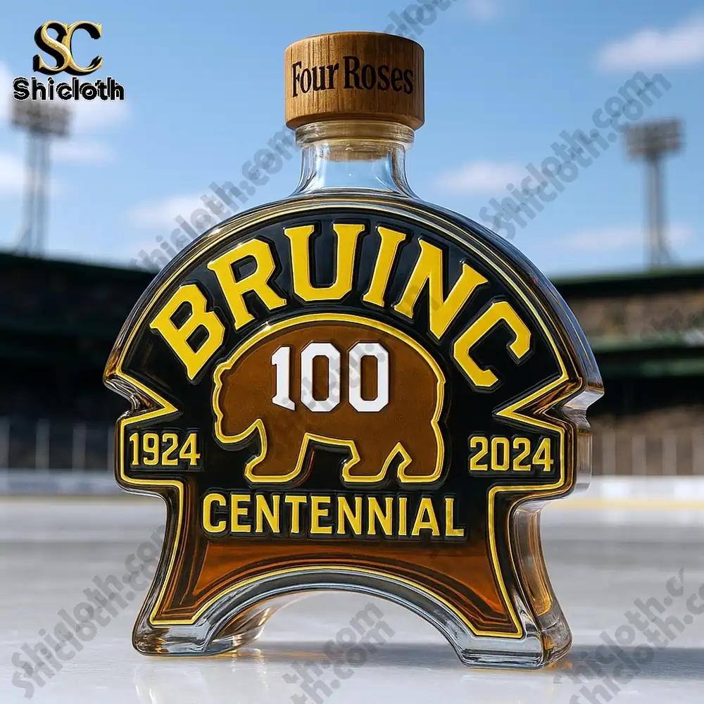 Boston Bruins 100th Anniversary Christmas Gift Whiskey Bottle 3 Bruins centennial bottle with wooden Four Roses style cap.