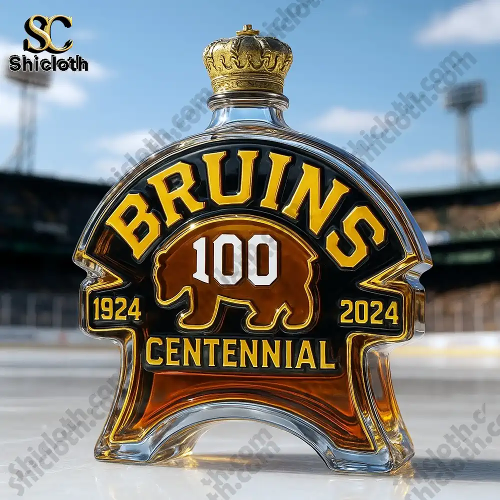 Boston Bruins 100th Anniversary Christmas Gift Whiskey Bottle 4 Bruins centennial bottle topped with a gold crown cap.