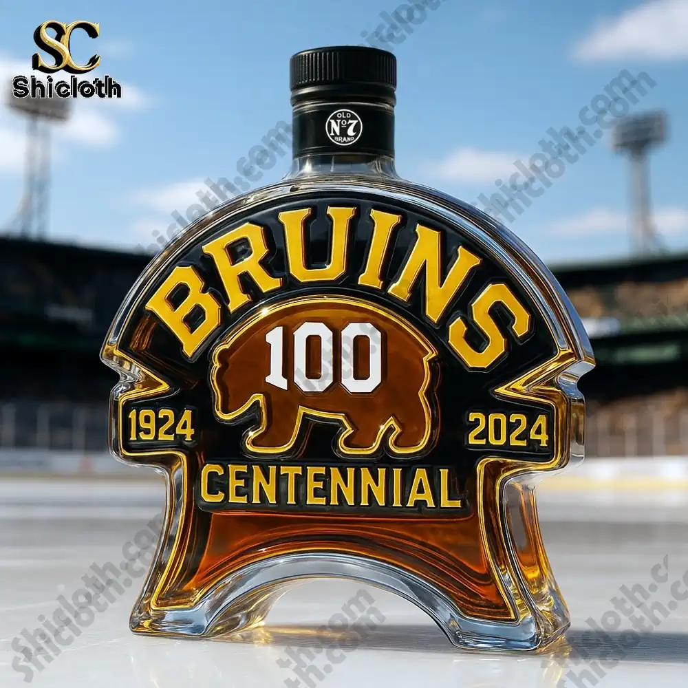 Boston Bruins 100th Anniversary Christmas Gift Whiskey Bottle 5 Bruins centennial bottle with black Old No Seven style cap.