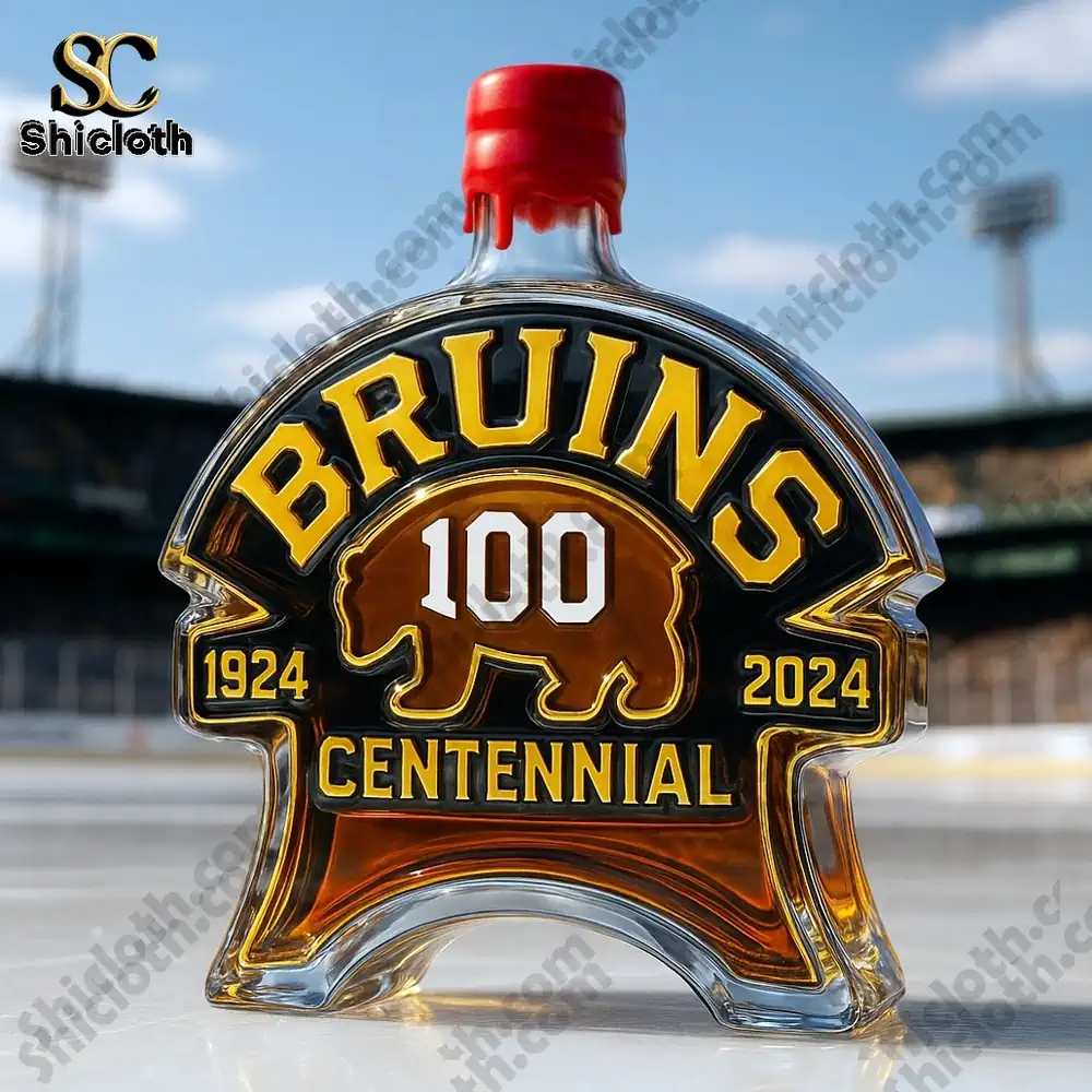 Boston Bruins 100th Anniversary Christmas Gift Whiskey Bottle 6 Bruins centennial bottle with red cap on ice.