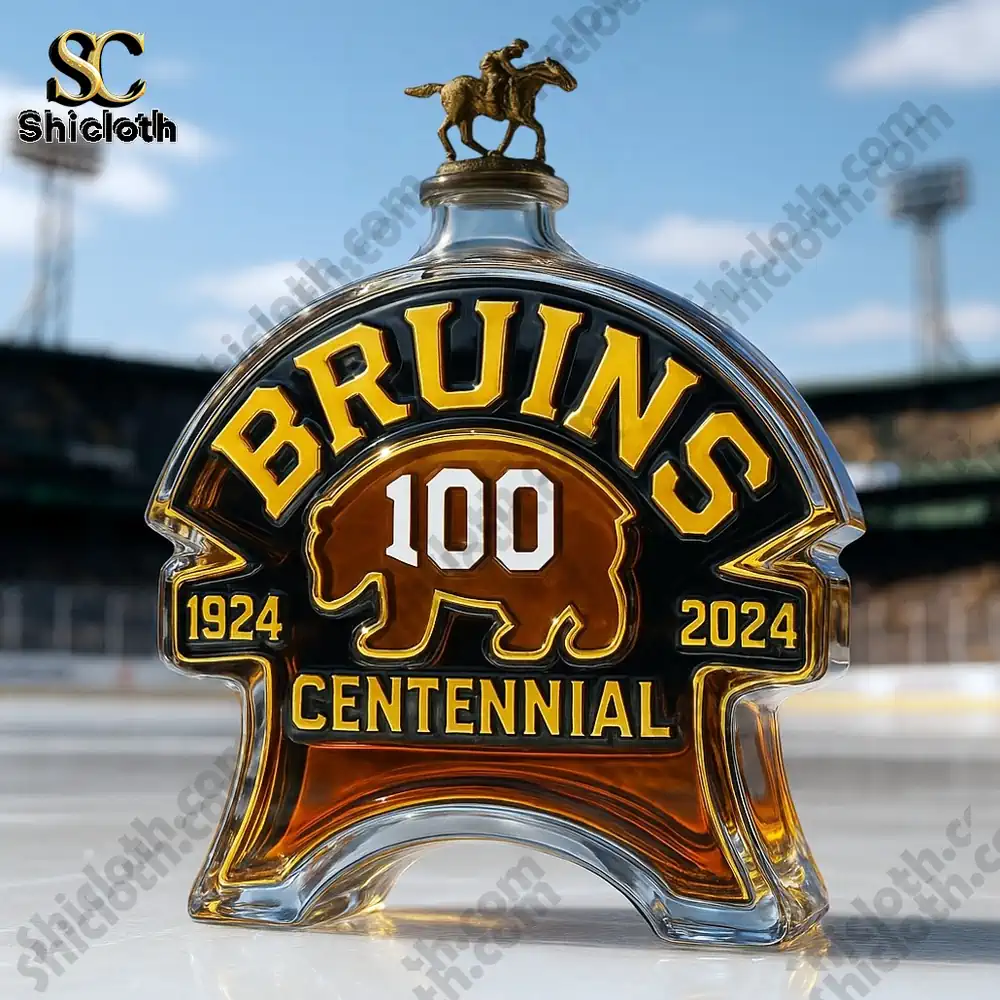 Boston Bruins 100th Anniversary Christmas Gift Whiskey Bottle 7 Bruins centennial bottle with rider statue cap.
