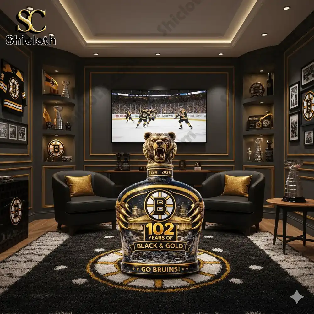 Bear statue bottle displayed in a luxury hockey fan room!