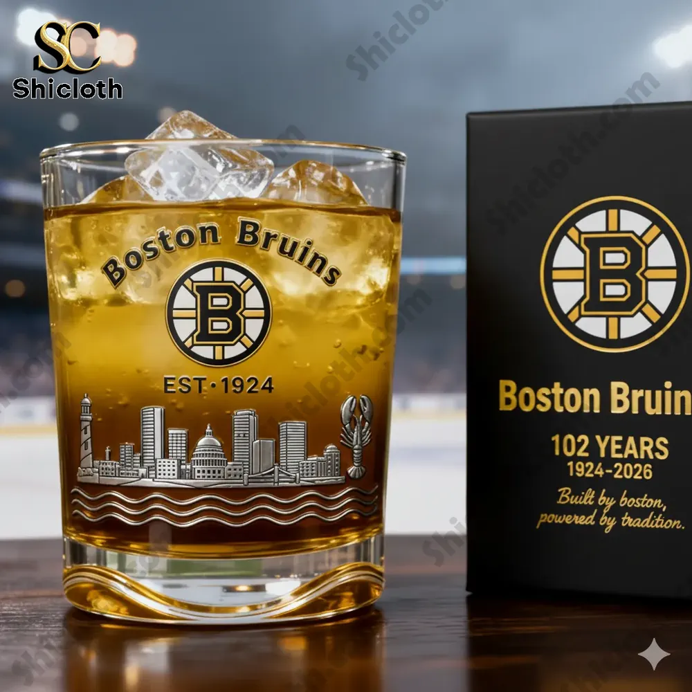 Boston Bruins whiskey glass with ice on wooden table!