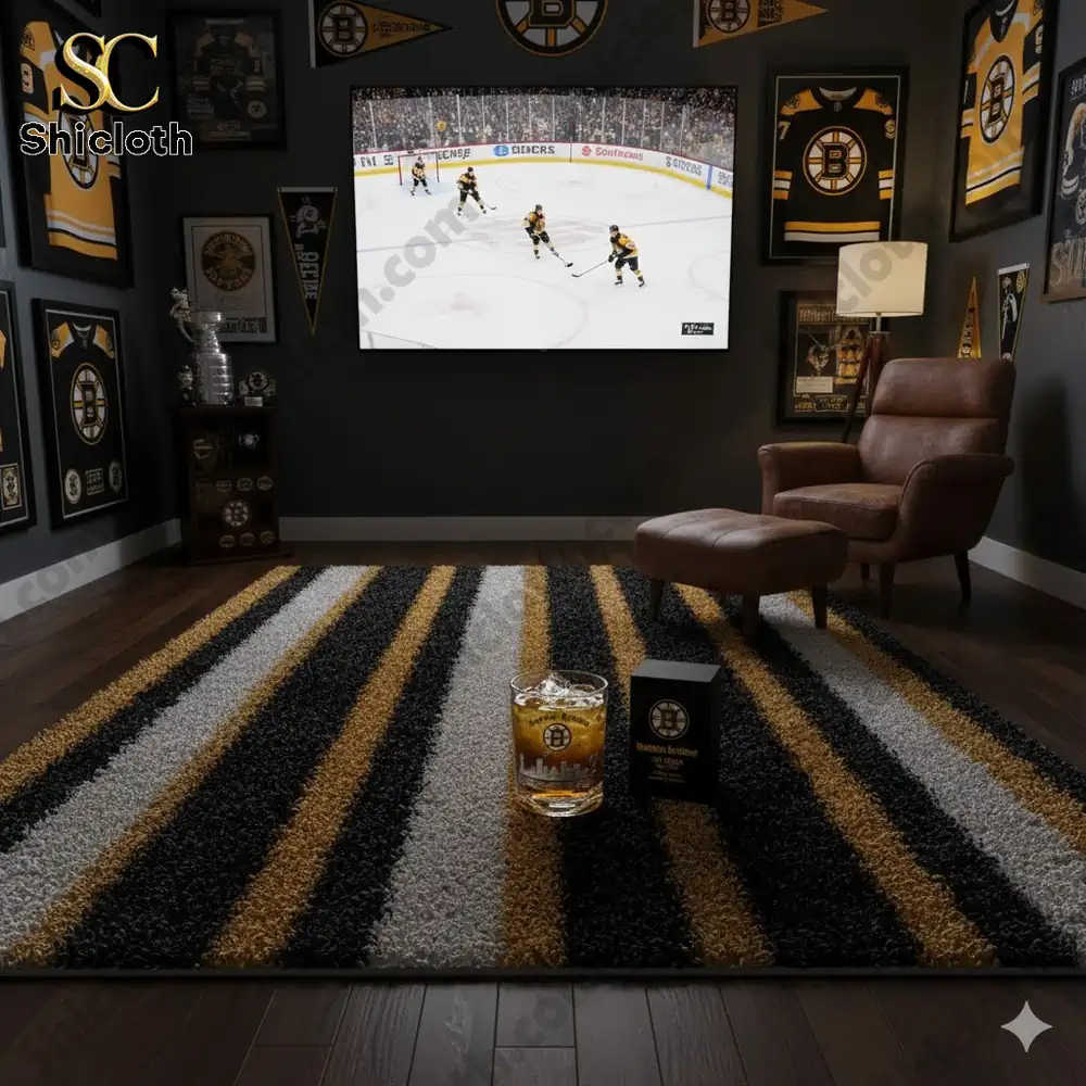 Boston Bruins themed sports room with whiskey glass!