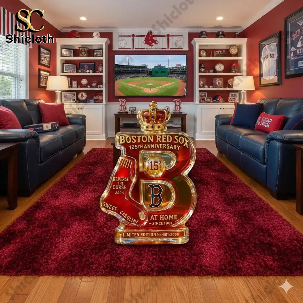 A Boston Red Sox anniversary collectible displayed in a baseball themed living room.