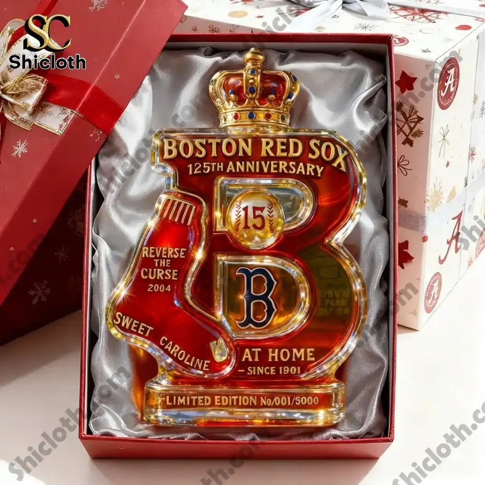 A Boston Red Sox anniversary collectible placed inside a gift box with protective lining.