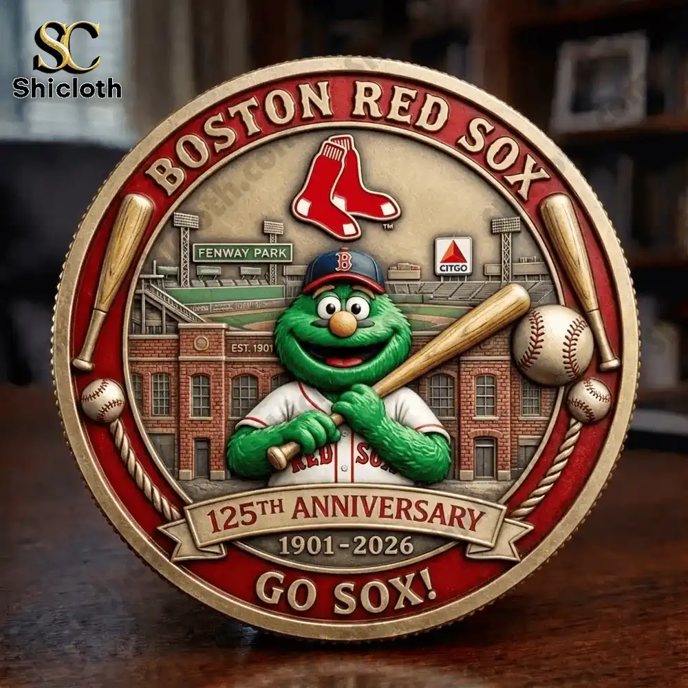 Boston Red Sox anniversary coin with green mascot at Fenway Park!