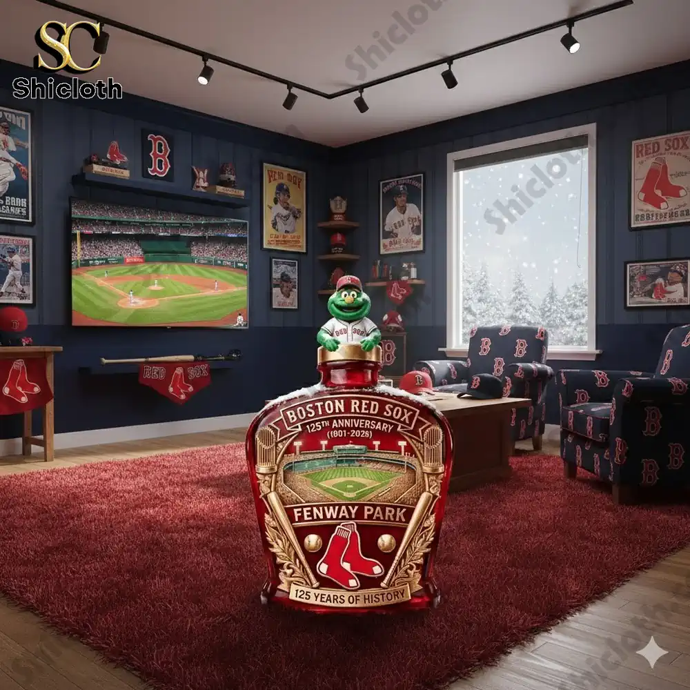 Demogorgon Sculpted Whiskey Glass 112 Boston Red Sox anniversary whiskey decanter displayed in Red Sox themed fan room!