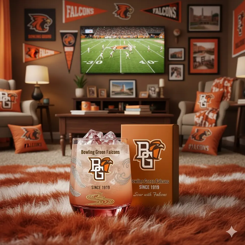 A Bowling Green Falcons themed glass filled with ice displayed in a football fan living room.