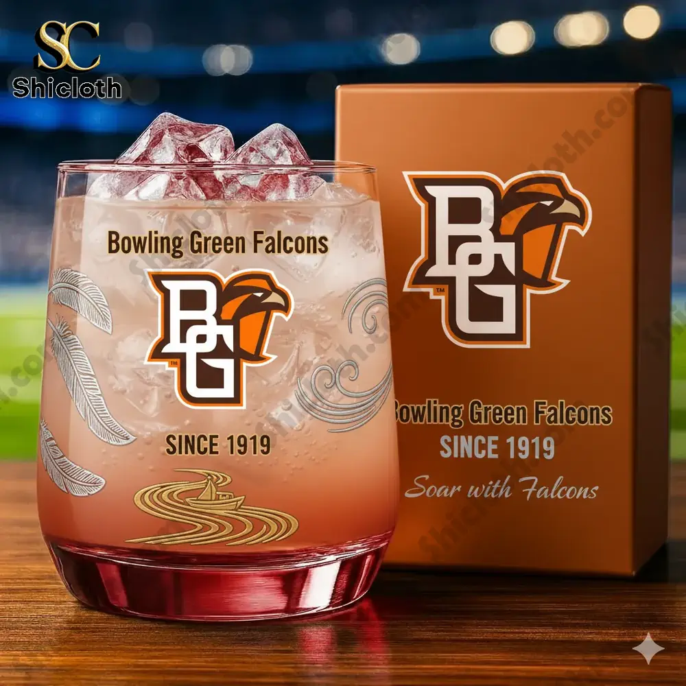Bowling Green Falcons glass with ice and branded box on table!