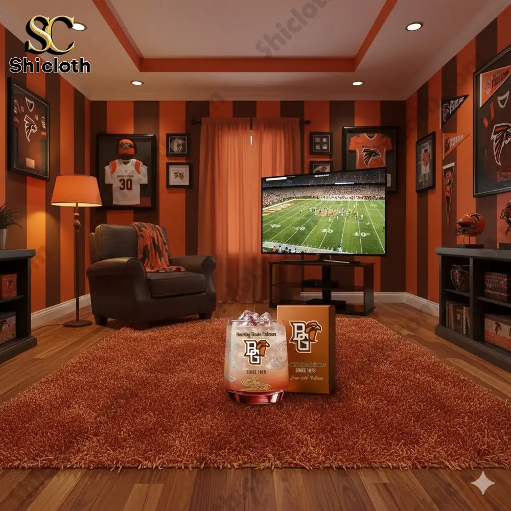 Bowling Green Falcons glass displayed in fan themed living room!