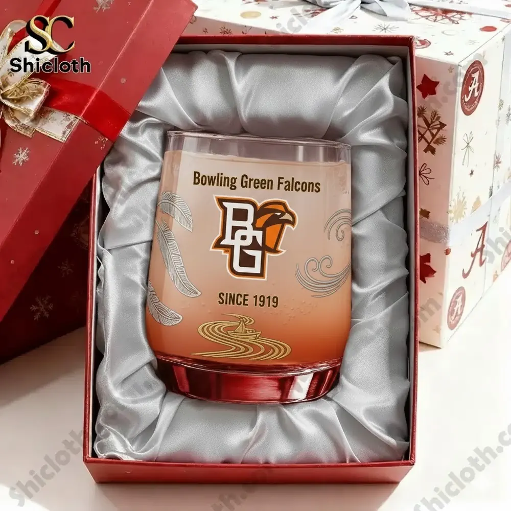 A Bowling Green Falcons glass resting inside a cushioned gift box.