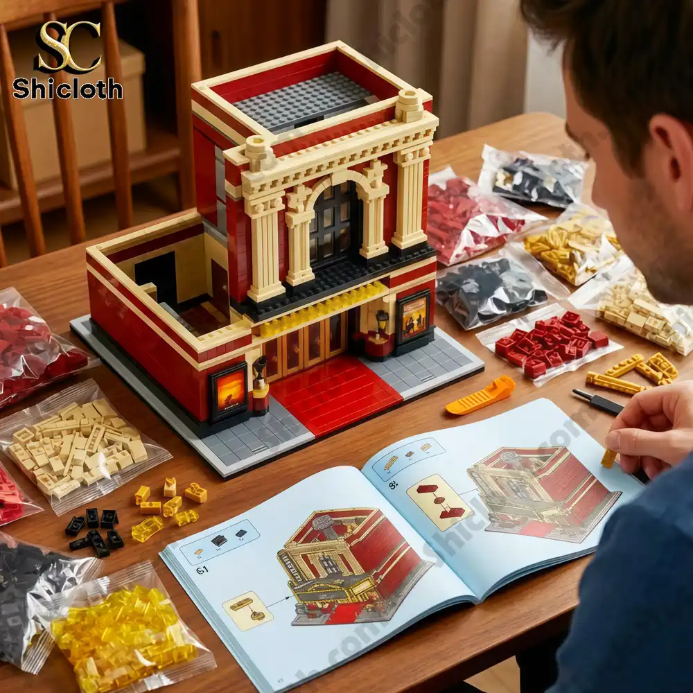 Person assembling a Broadway style theater building block set with instruction book and parts on a table!