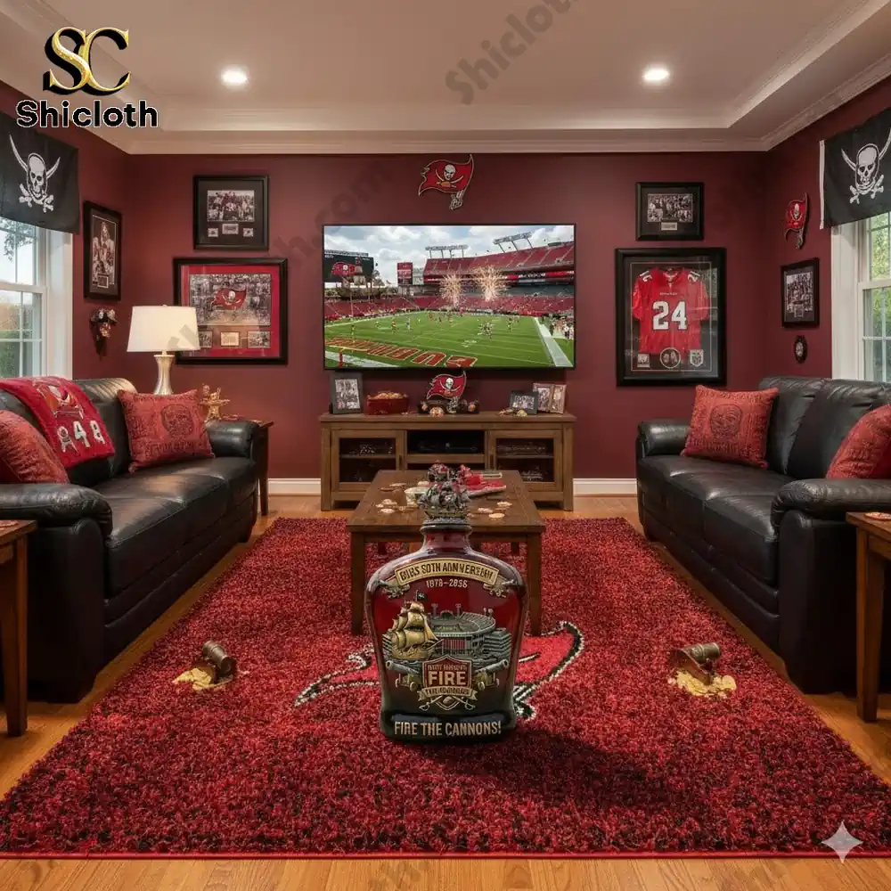 Buccaneers fiftieth anniversary whiskey decanter in fan living room