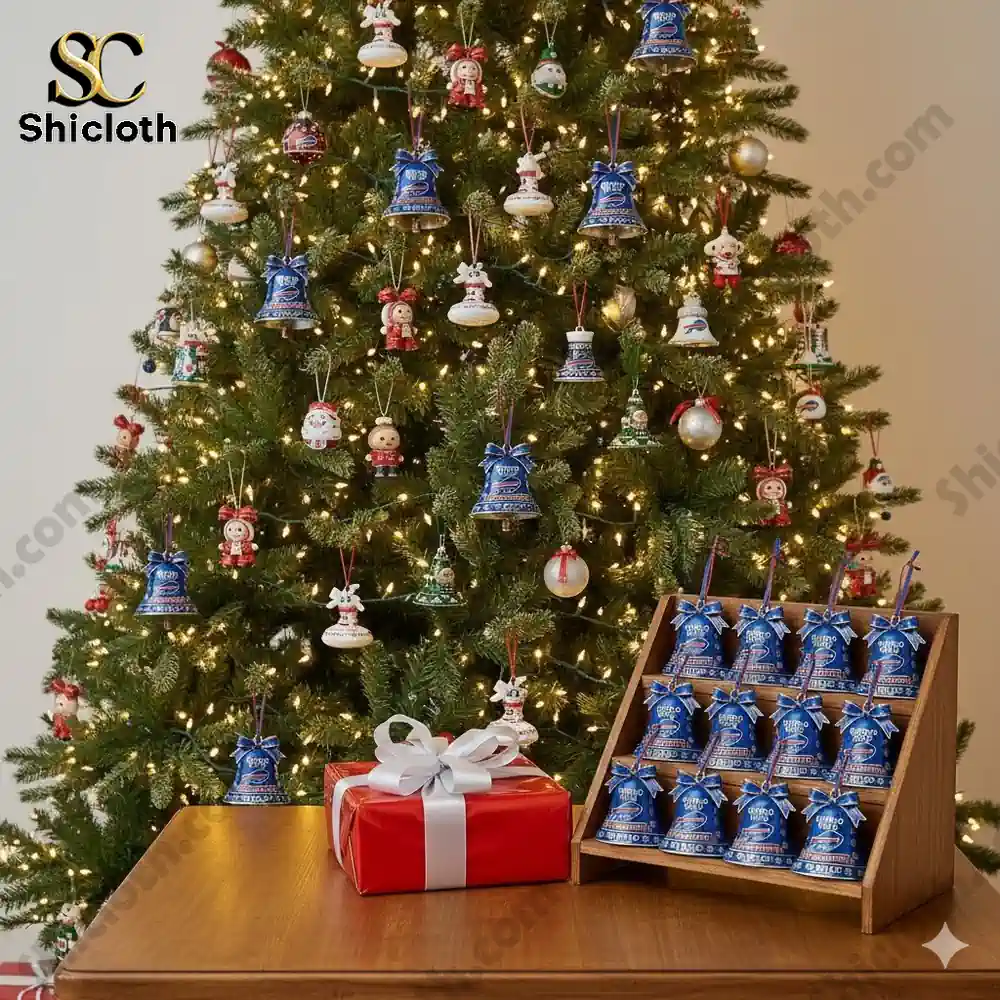A decorated Christmas tree with coordinated blue ornaments and a gift box on a wooden table.