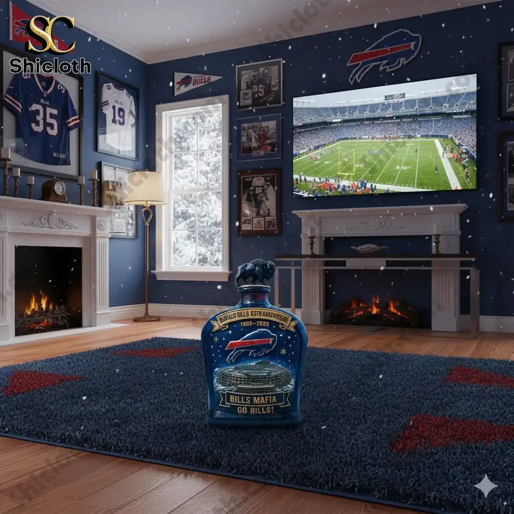 Buffalo Bills anniversary whiskey bottle displayed in Bills themed living room!
