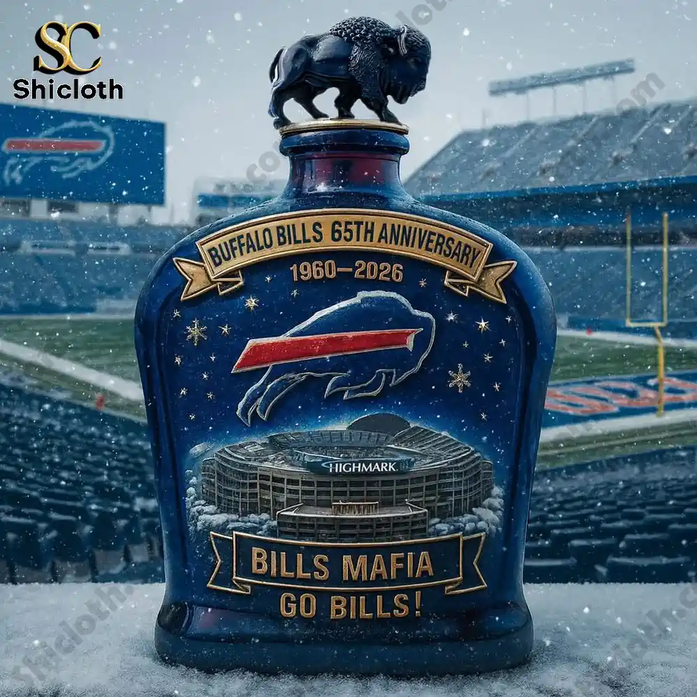 Buffalo Bills anniversary whiskey bottle in snowy stadium setting!
