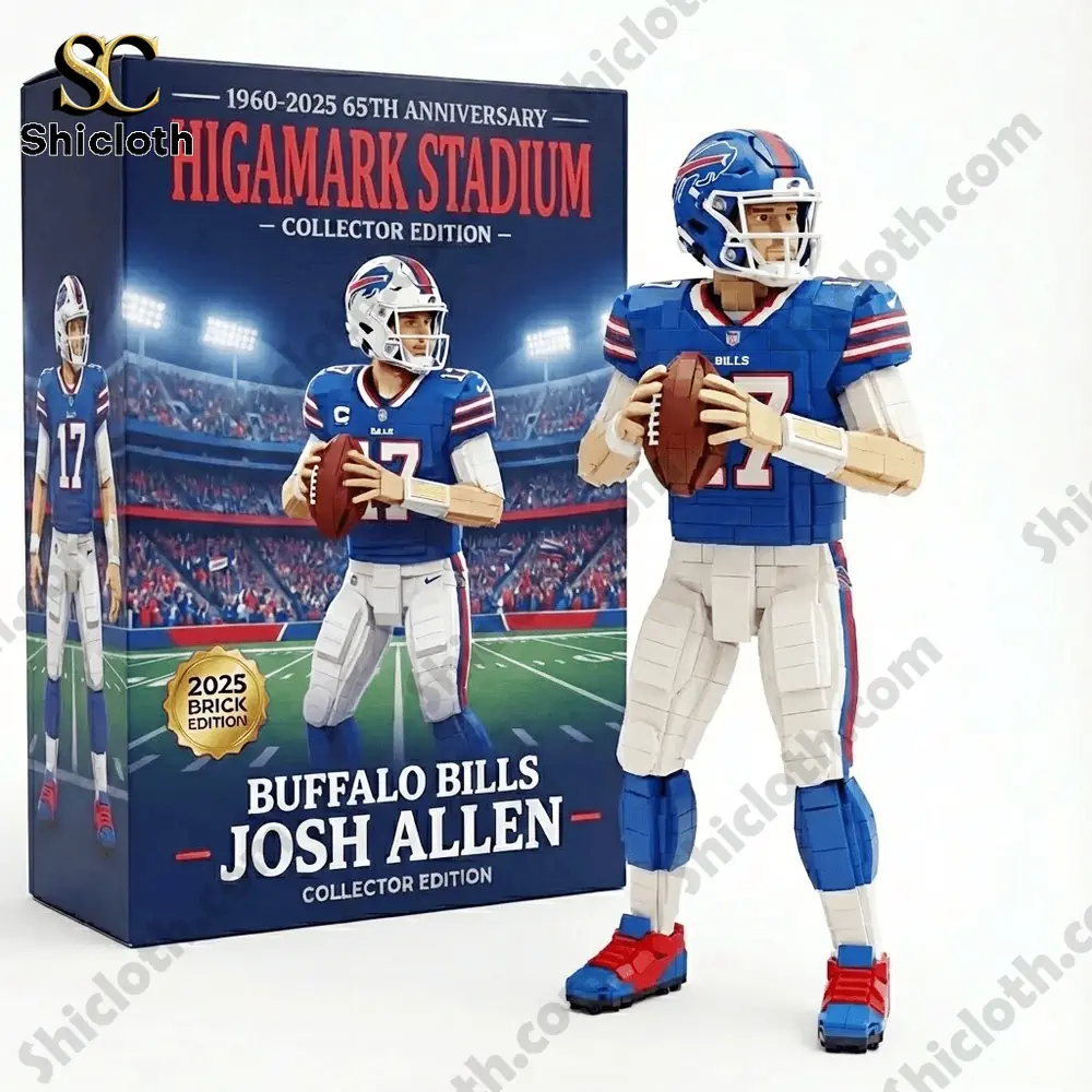 Brick style figure of a football player in blue uniform holding a ball beside a collector edition box.