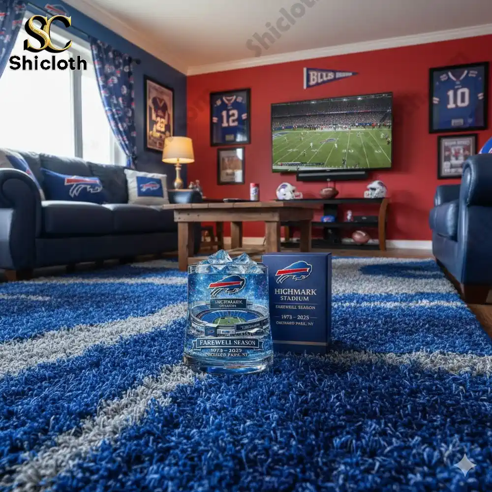 A Buffalo Bills themed living room with a commemorative Highmark Stadium farewell season glass placed on a blue rug.
