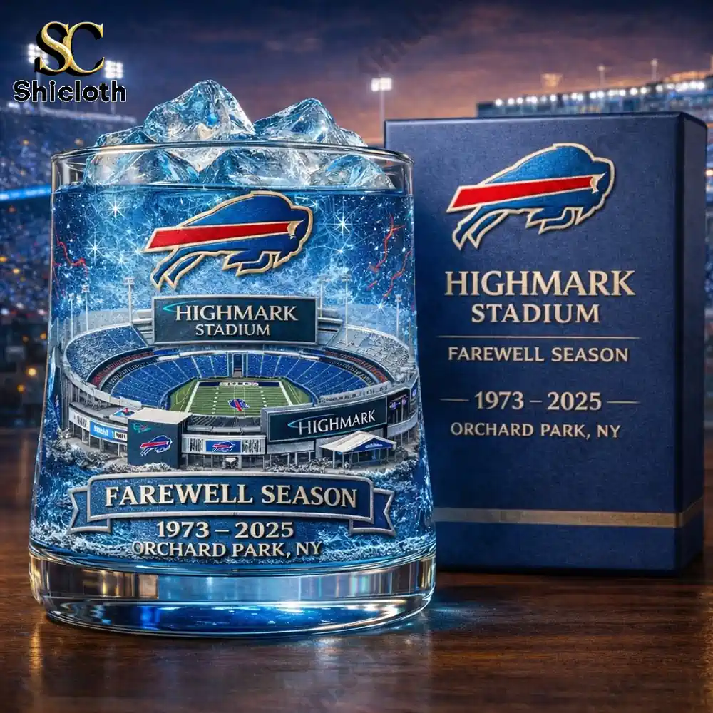 A close view of a Highmark Stadium farewell season commemorative glass and its box featuring the Buffalo Bills logo.