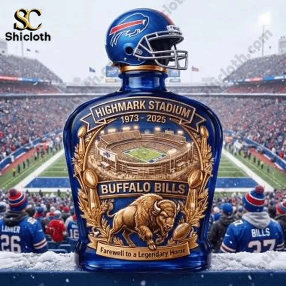 Demogorgon Sculpted Whiskey Glass 164 Buffalo Bills helmet shaped collector bottle with Highmark Stadium artwork.